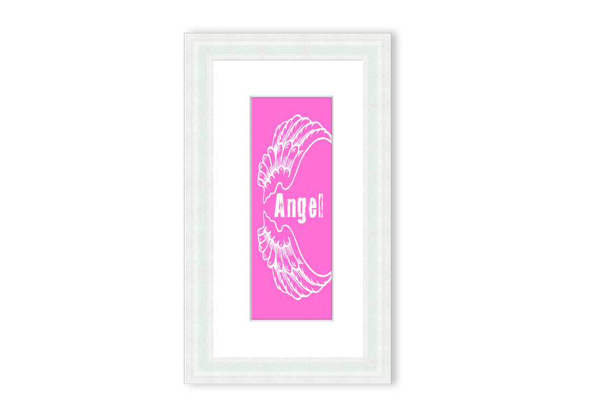 Framed print of Angel Wings in vivid pink, showcasing intricate details and vibrant colors, ready to hang.