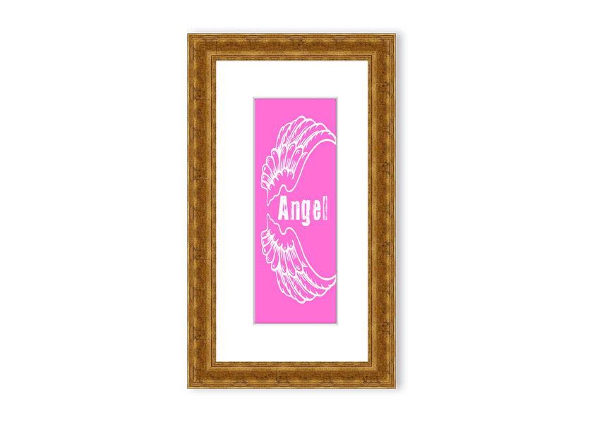 Framed print of Angel Wings in vivid pink, showcasing intricate details and vibrant colors, ready to hang.