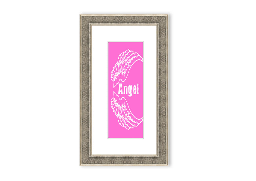 Framed print of Angel Wings in vivid pink, showcasing intricate details and vibrant colors, ready to hang.