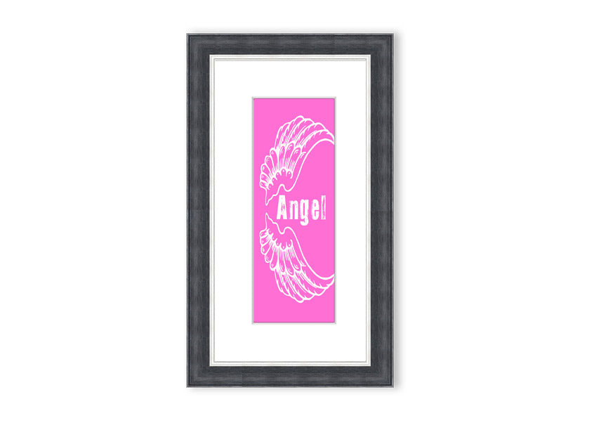 Framed print of Angel Wings in vivid pink, showcasing intricate details and vibrant colors, ready to hang.