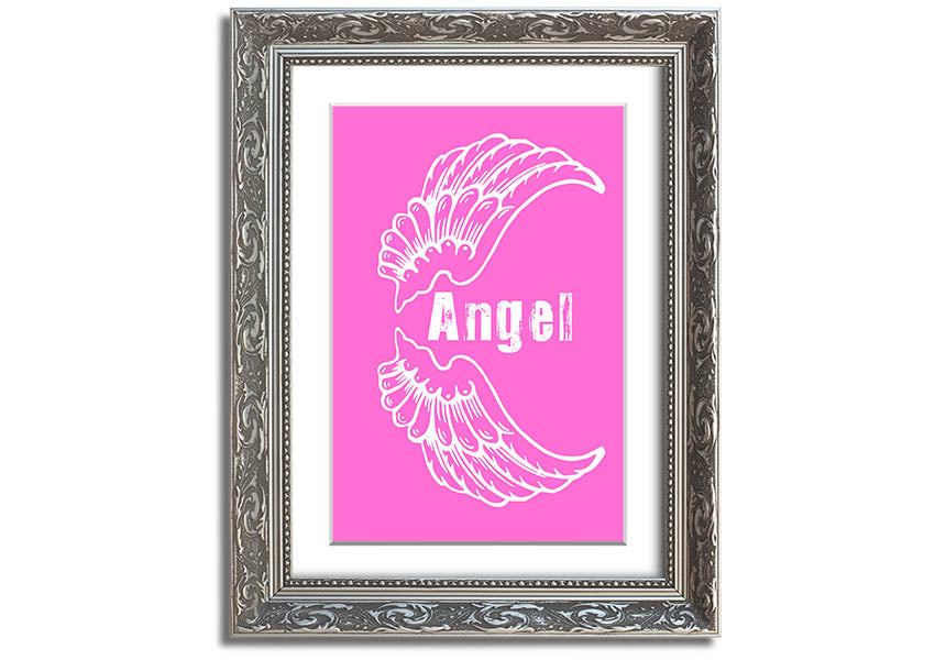 Framed print of Angel Wings in vivid pink, showcasing intricate details and vibrant colors, ready to hang.