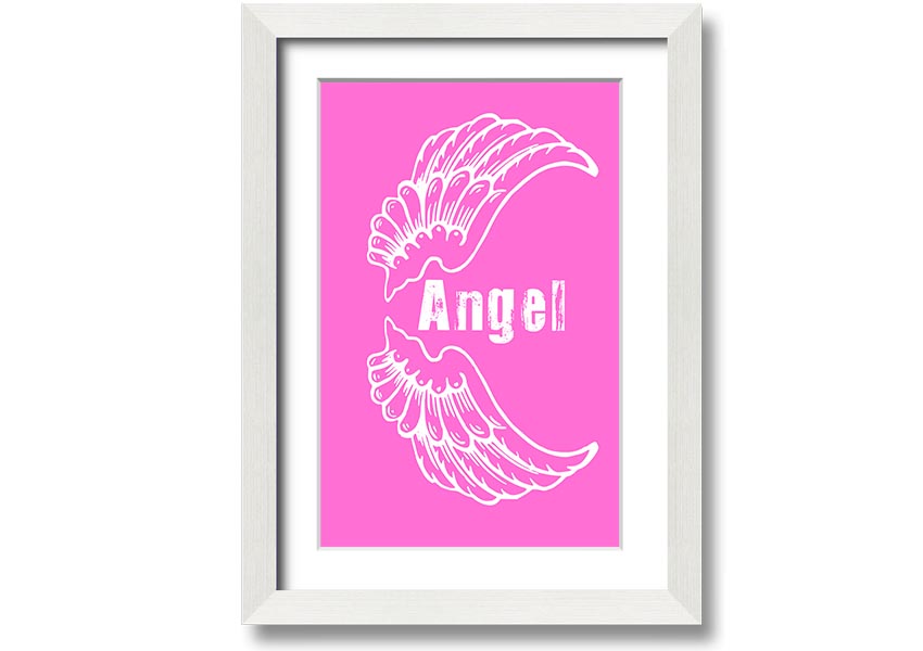 Framed print of Angel Wings in vivid pink, showcasing intricate details and vibrant colors, ready to hang.