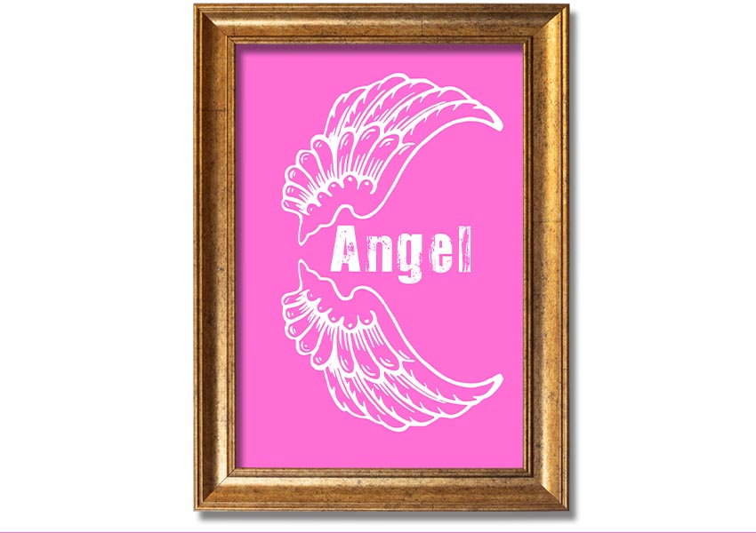 Framed print of Angel Wings in vivid pink, showcasing intricate details and vibrant colors, ready to hang.