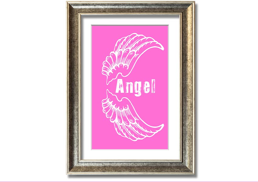 Framed print of Angel Wings in vivid pink, showcasing intricate details and vibrant colors, ready to hang.