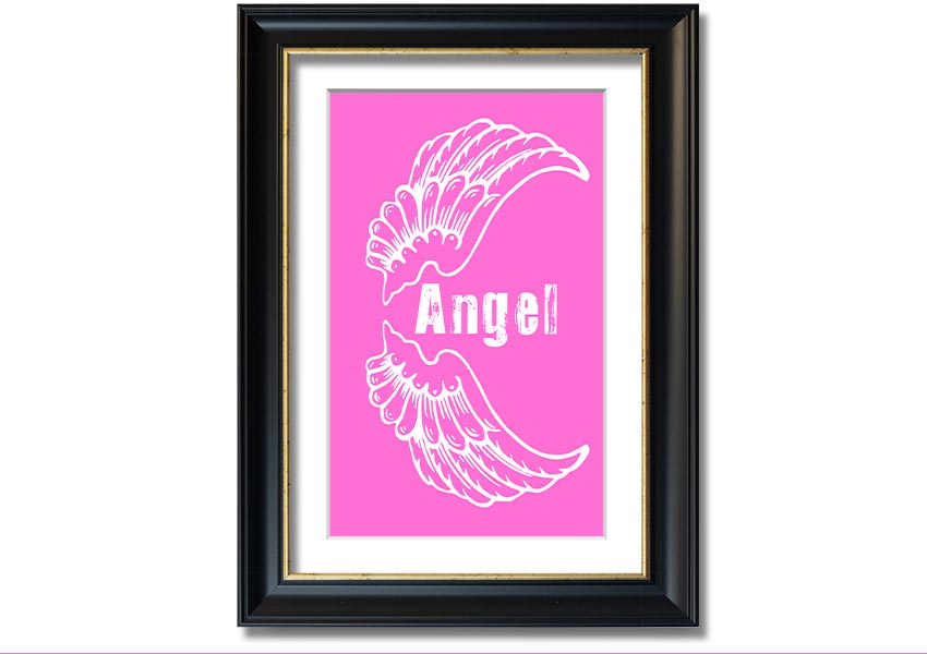 Framed print of Angel Wings in vivid pink, showcasing intricate details and vibrant colors, ready to hang.