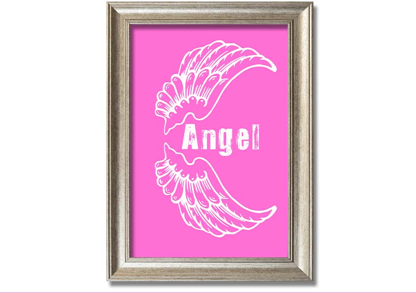 Framed print of Angel Wings in vivid pink, showcasing intricate details and vibrant colors, ready to hang.