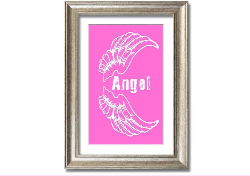 Framed print of Angel Wings in vivid pink, showcasing intricate details and vibrant colors, ready to hang.