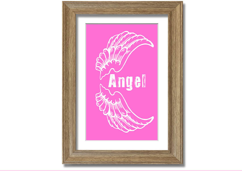 Framed print of Angel Wings in vivid pink, showcasing intricate details and vibrant colors, ready to hang.