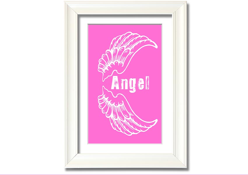 Framed print of Angel Wings in vivid pink, showcasing intricate details and vibrant colors, ready to hang.