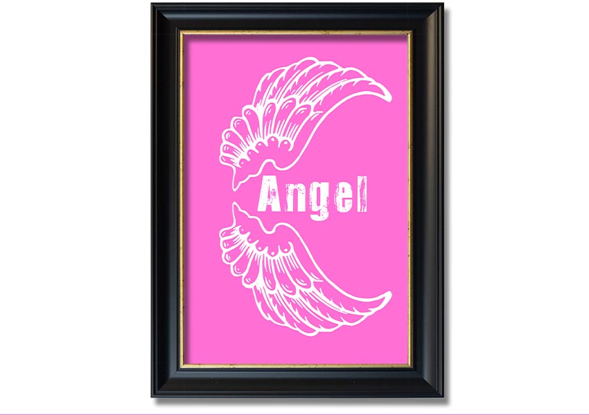 Framed print of Angel Wings in vivid pink, showcasing intricate details and vibrant colors, ready to hang.