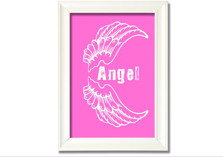 Framed print of Angel Wings in vivid pink, showcasing intricate details and vibrant colors, ready to hang.