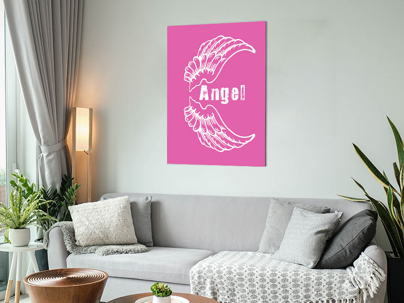 Angel Wings 3 Vivid Pink artwork printed on brushed aluminium dibond, showcasing vibrant pink hues and modern design.