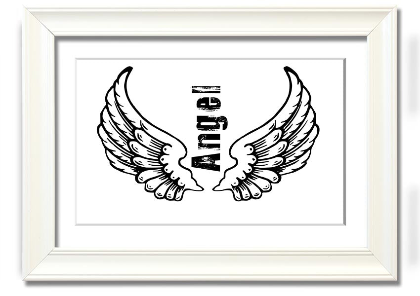 Angel Wings 3 White framed print showcasing delicate angel wings design, available in various frame colors.