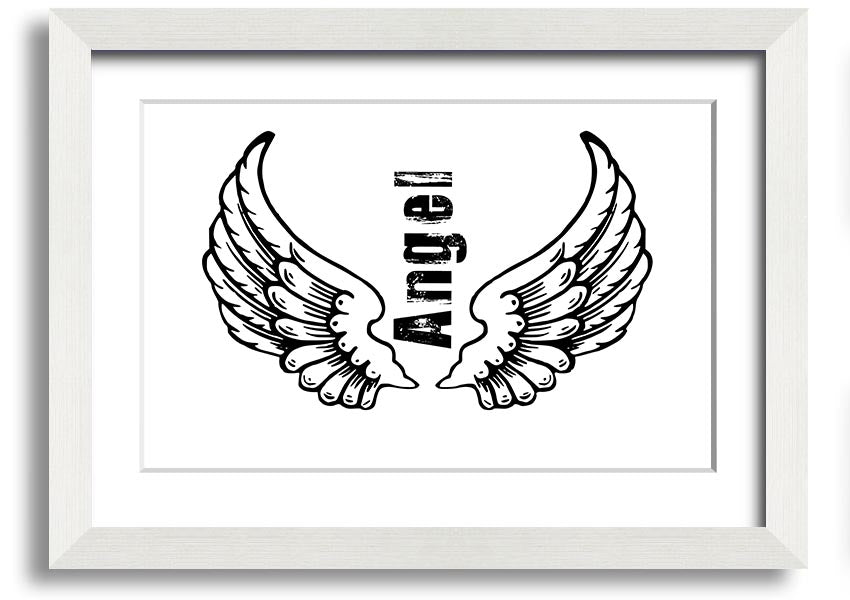 Angel Wings 3 White framed print showcasing delicate angel wings design, available in various frame colors.