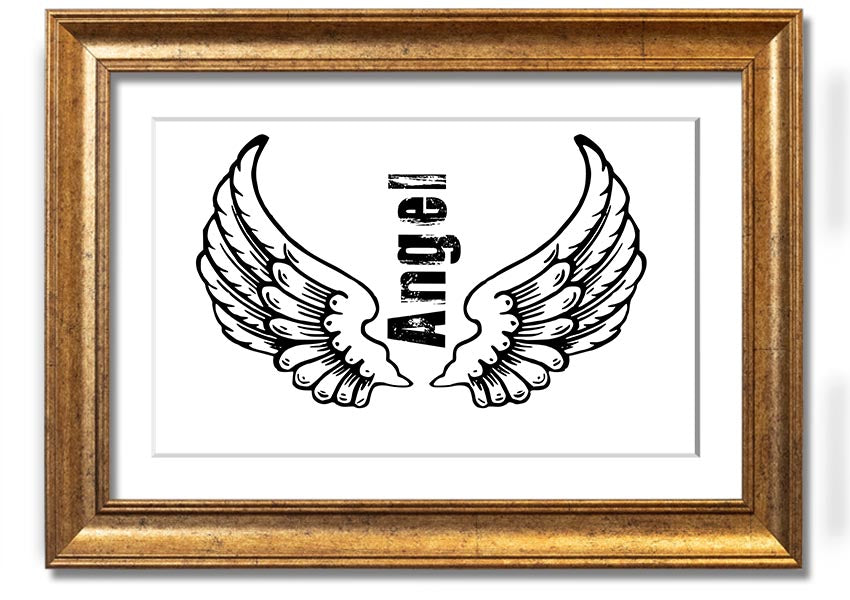 Angel Wings 3 White framed print showcasing delicate angel wings design, available in various frame colors.