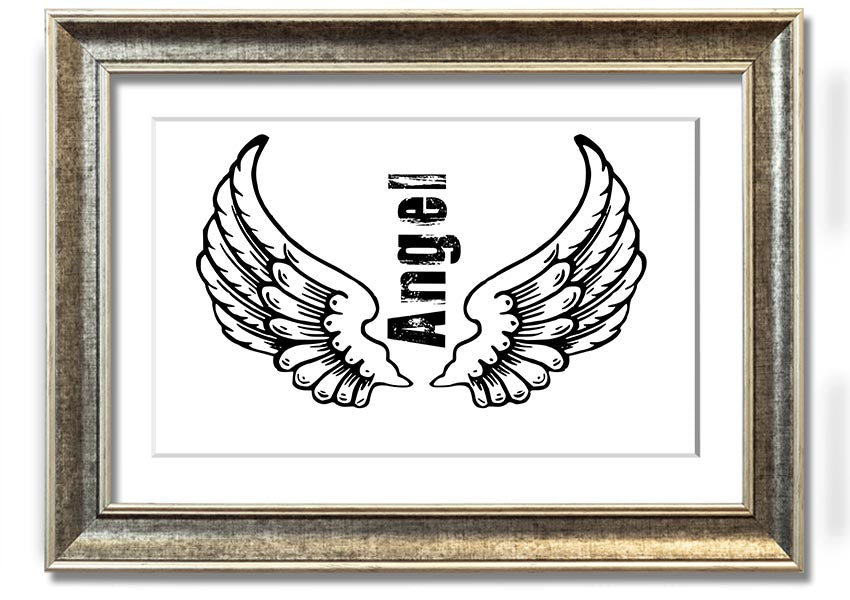 Angel Wings 3 White framed print showcasing delicate angel wings design, available in various frame colors.