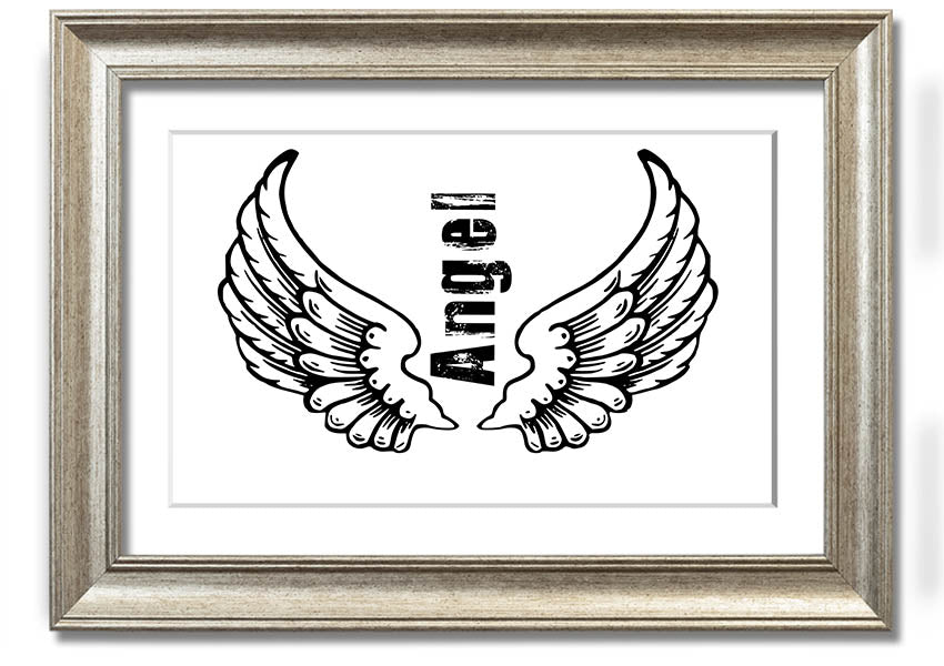 Angel Wings 3 White framed print showcasing delicate angel wings design, available in various frame colors.