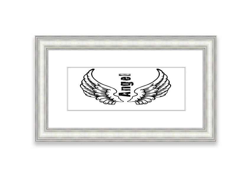 Framed print of Angel Wings 3 White, showcasing delicate wing design in a stylish frame.