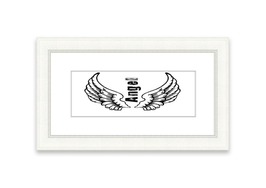 Framed print of Angel Wings 3 White, showcasing delicate wing design in a stylish frame.