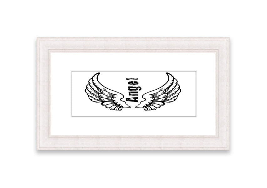 Framed print of Angel Wings 3 White, showcasing delicate wing design in a stylish frame.