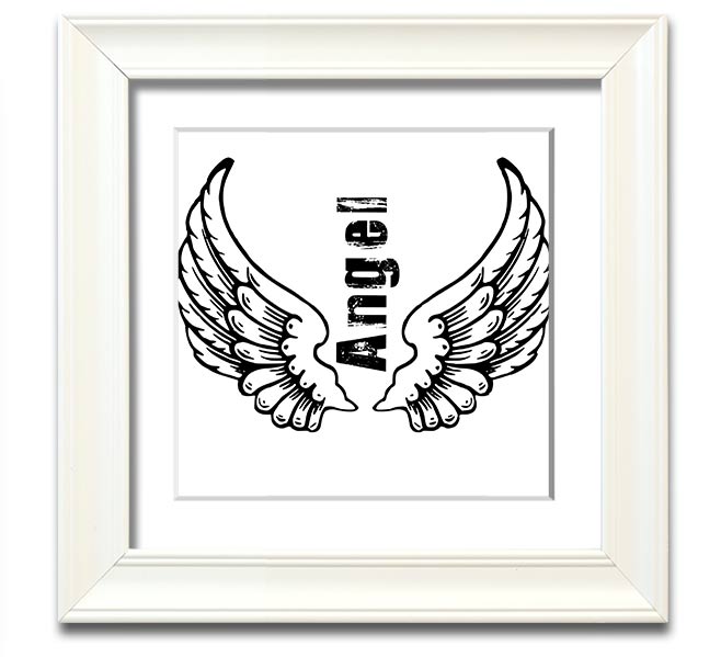 Angel Wings 3 White Square Framed Print with elegant design, available in various frame colors, handmade in the UK.