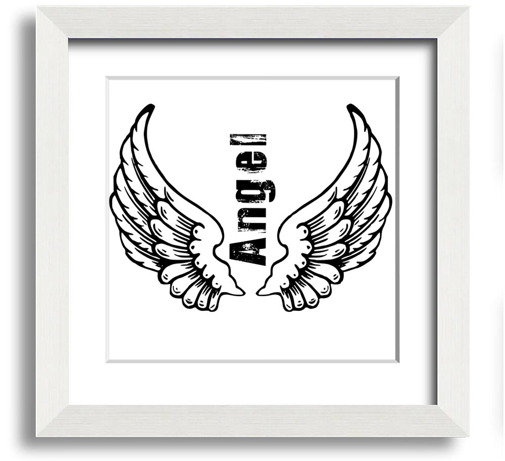 Angel Wings 3 White Square Framed Print with elegant design, available in various frame colors, handmade in the UK.