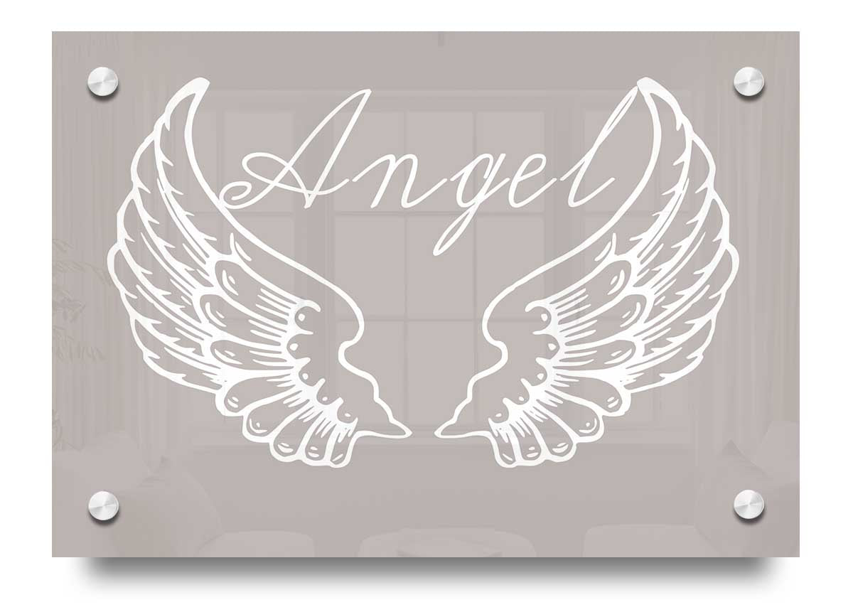 Angel Wings 4 Beige acrylic print on a wall, showcasing delicate wings design in soft beige tones.