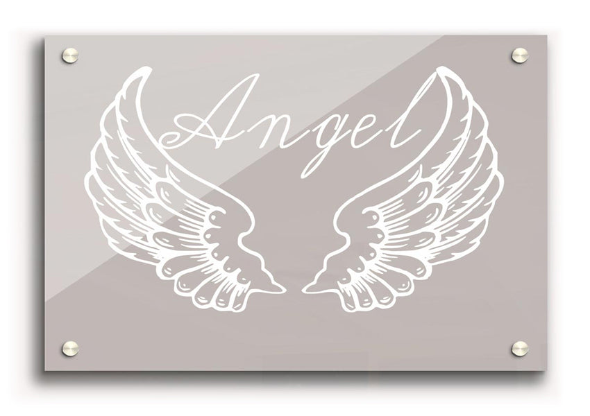 Angel Wings 4 Beige acrylic print on a wall, showcasing delicate wings design in soft beige tones.