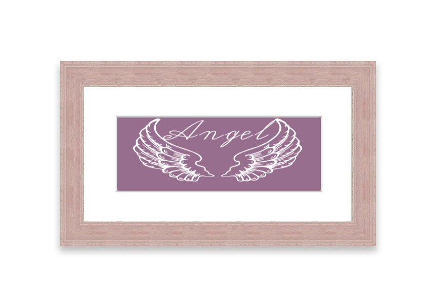 Angel Wings 4 Dusty Pink framed print showcasing delicate angel wings in a soft dusty pink color, elegantly framed and ready to hang.