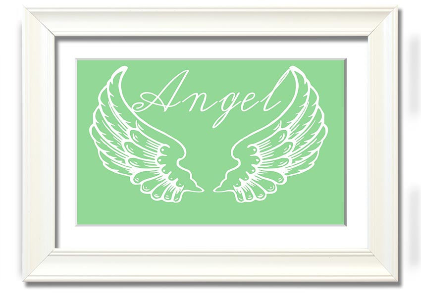 Angel Wings 4 Green framed print showcasing delicate angel wings design, available in various frame colors.