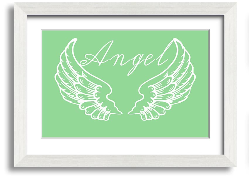 Angel Wings 4 Green framed print showcasing delicate angel wings design, available in various frame colors.