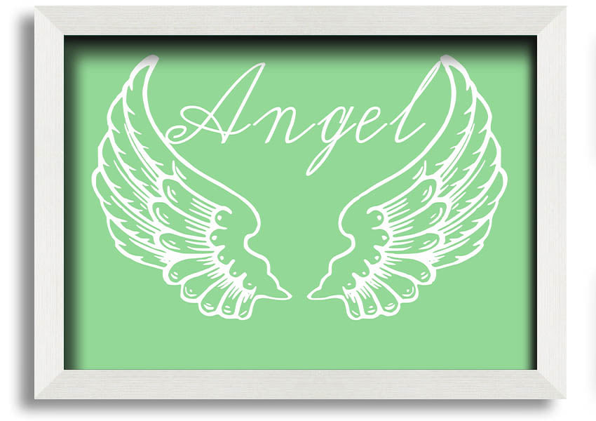 Angel Wings 4 Green framed print showcasing delicate angel wings design, available in various frame colors.