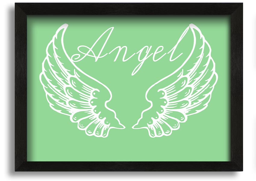 Angel Wings 4 Green framed print showcasing delicate angel wings design, available in various frame colors.