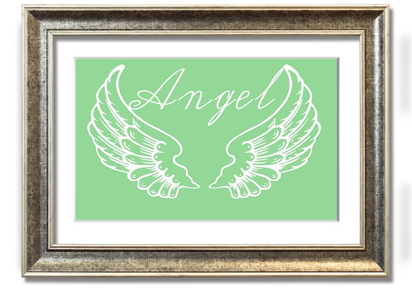 Angel Wings 4 Green framed print showcasing delicate angel wings design, available in various frame colors.