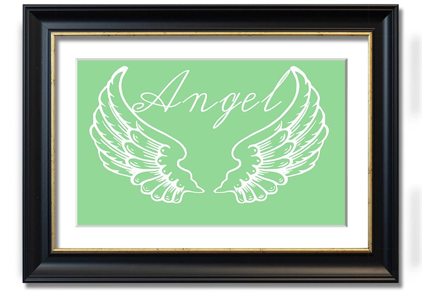 Angel Wings 4 Green framed print showcasing delicate angel wings design, available in various frame colors.