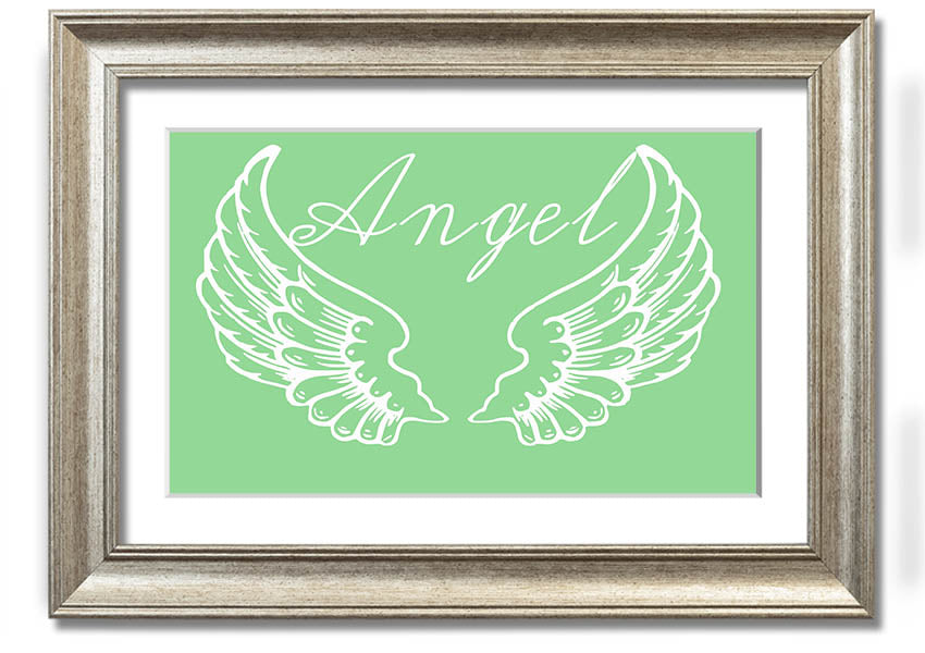 Angel Wings 4 Green framed print showcasing delicate angel wings design, available in various frame colors.