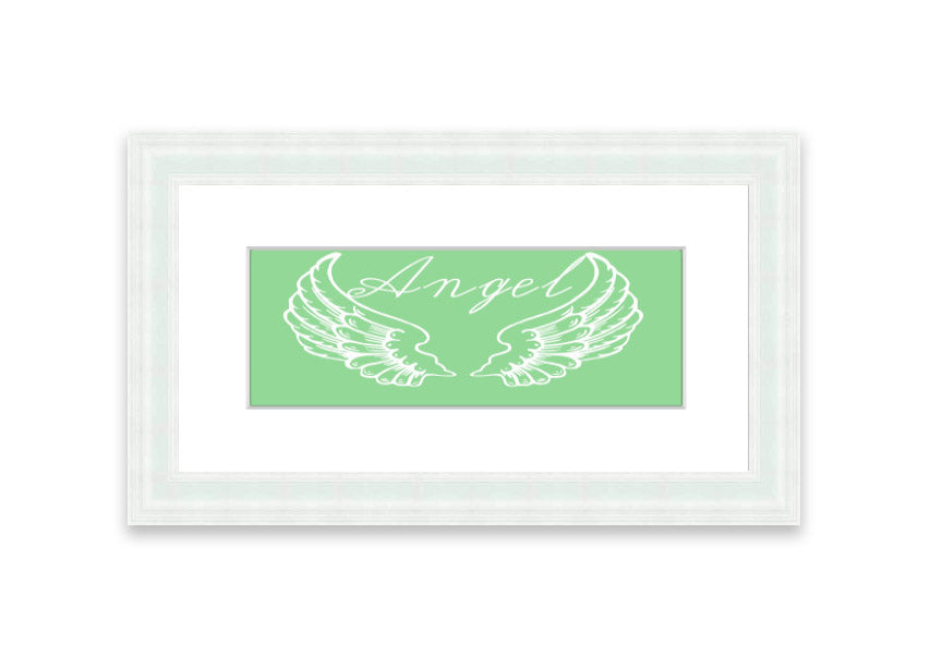 Framed print of Angel Wings 4 Green, showcasing delicate green wings in an elegant frame.