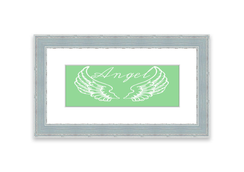 Framed print of Angel Wings 4 Green, showcasing delicate green wings in an elegant frame.