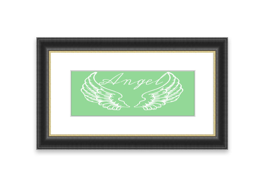 Framed print of Angel Wings 4 Green, showcasing delicate green wings in an elegant frame.