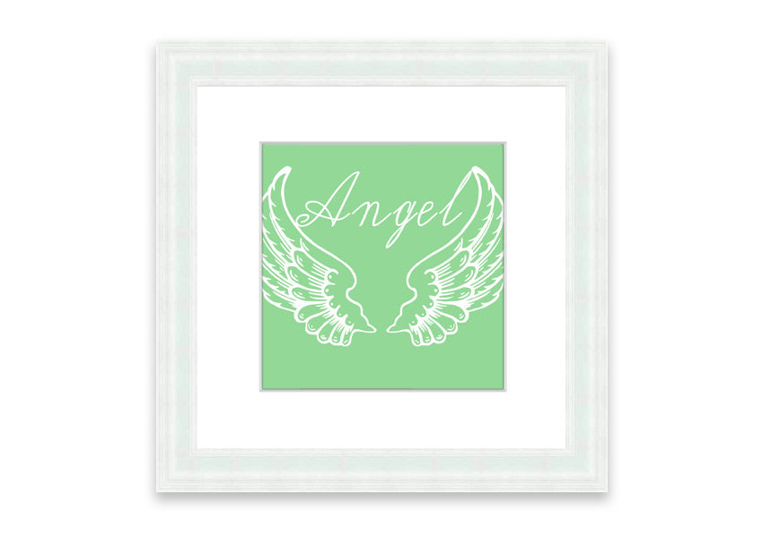 Framed print of Angel Wings 4 Green, showcasing delicate green wings in an elegant frame.