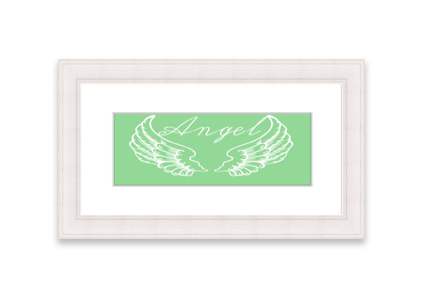 Framed print of Angel Wings 4 Green, showcasing delicate green wings in an elegant frame.