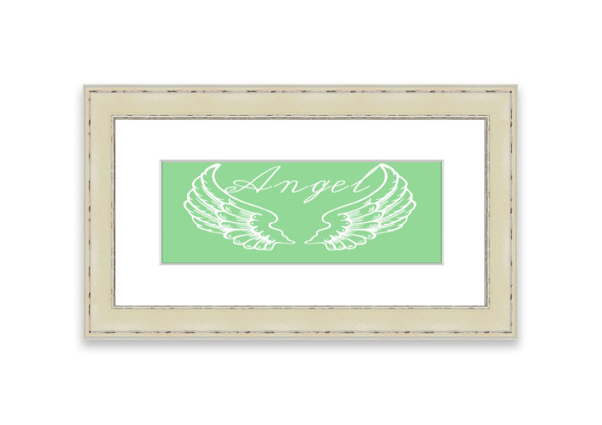 Framed print of Angel Wings 4 Green, showcasing delicate green wings in an elegant frame.