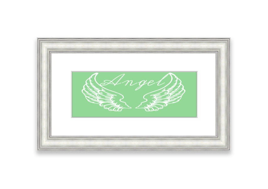 Framed print of Angel Wings 4 Green, showcasing delicate green wings in an elegant frame.