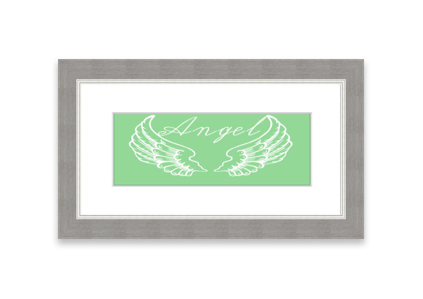 Framed print of Angel Wings 4 Green, showcasing delicate green wings in an elegant frame.