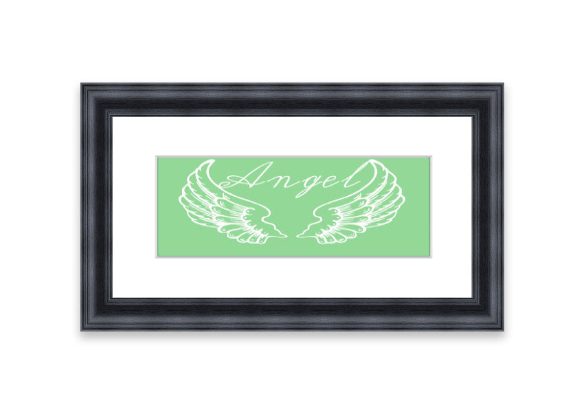 Framed print of Angel Wings 4 Green, showcasing delicate green wings in an elegant frame.