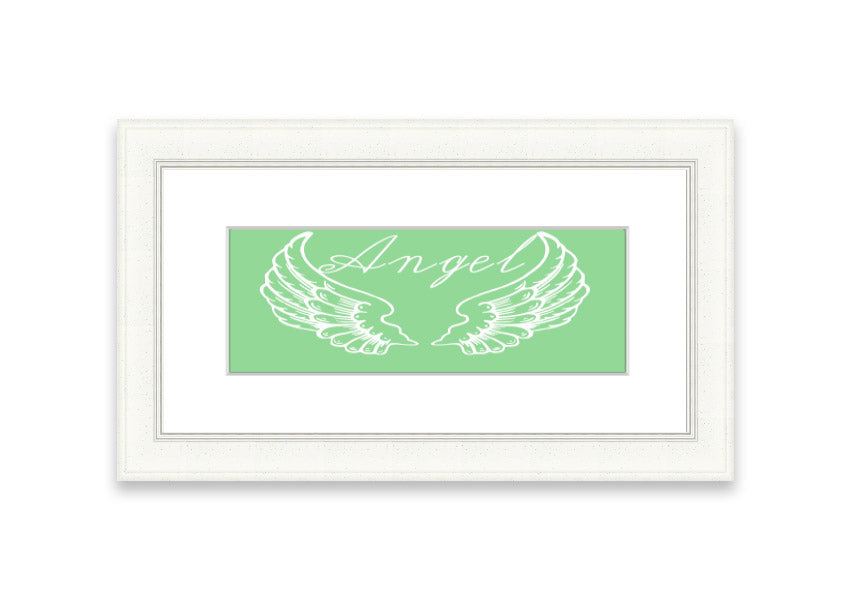 Framed print of Angel Wings 4 Green, showcasing delicate green wings in an elegant frame.