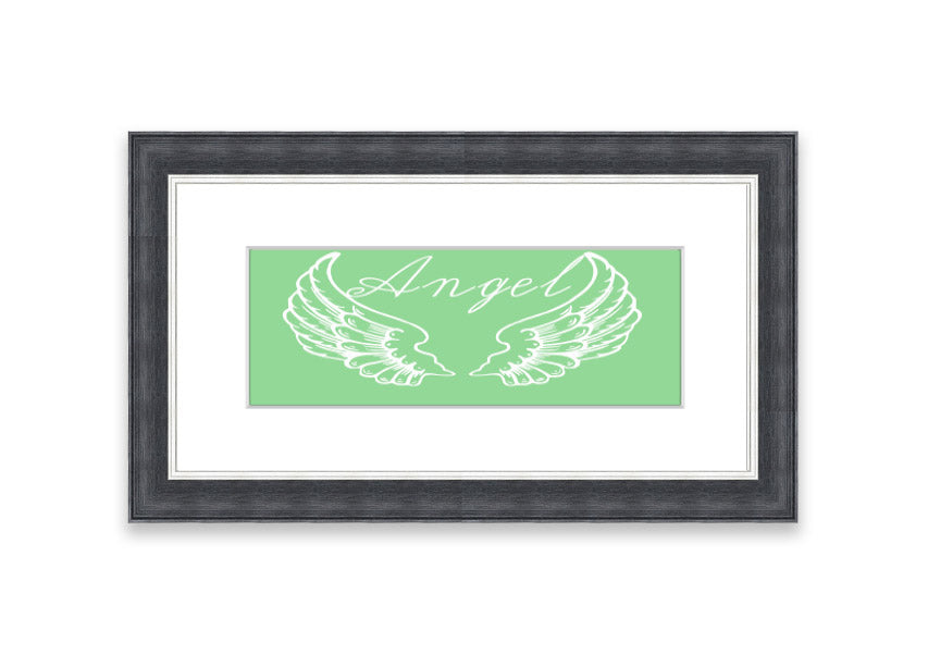 Framed print of Angel Wings 4 Green, showcasing delicate green wings in an elegant frame.