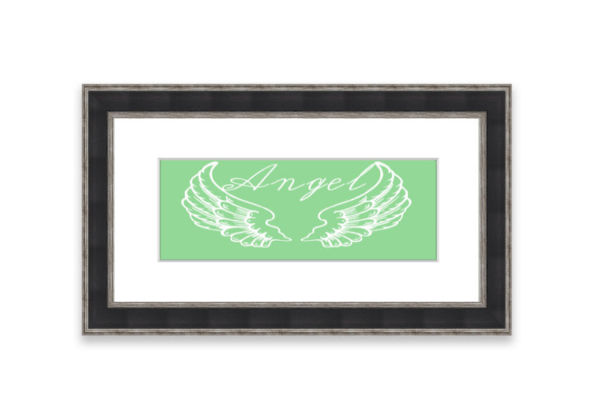 Framed print of Angel Wings 4 Green, showcasing delicate green wings in an elegant frame.