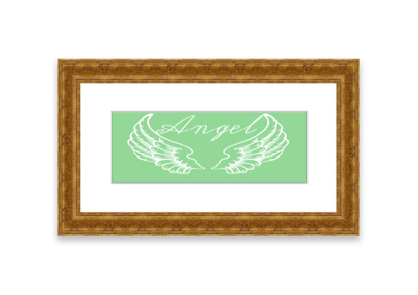 Framed print of Angel Wings 4 Green, showcasing delicate green wings in an elegant frame.