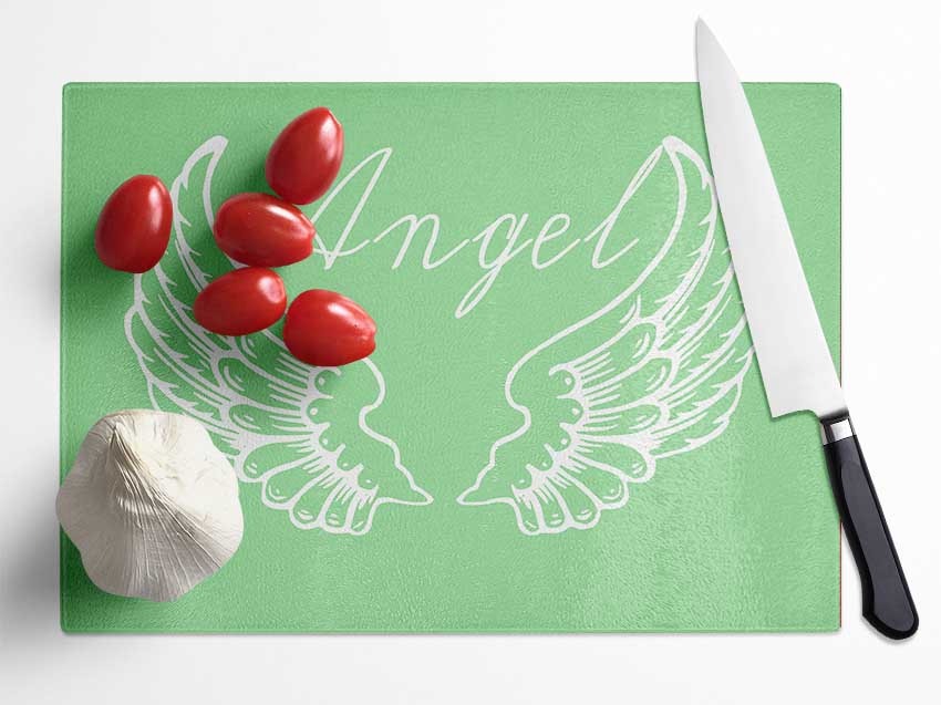 Angel Wings 4 Green chopping board made of tempered glass with a chinchilla ripple effect and anti-slip feet.